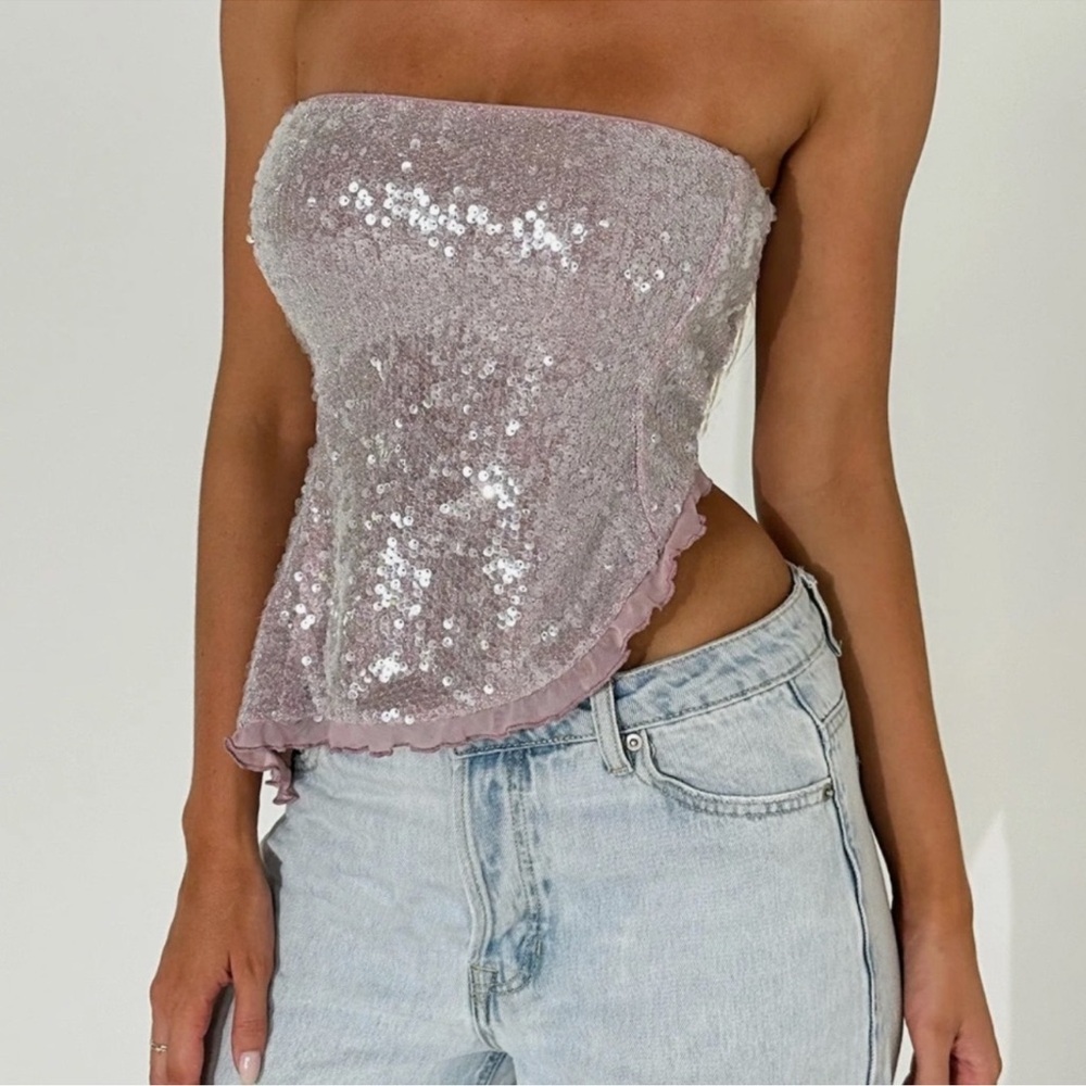 Tiger Mist Pink Sequin Asymmetrical Crop Top